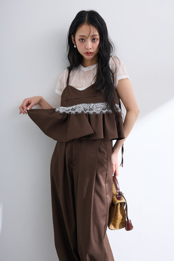 [予約/SET]ニュアンスレースTシャツ+ツイルレースつきキャミソール+ツイルタックパンツ(3set)