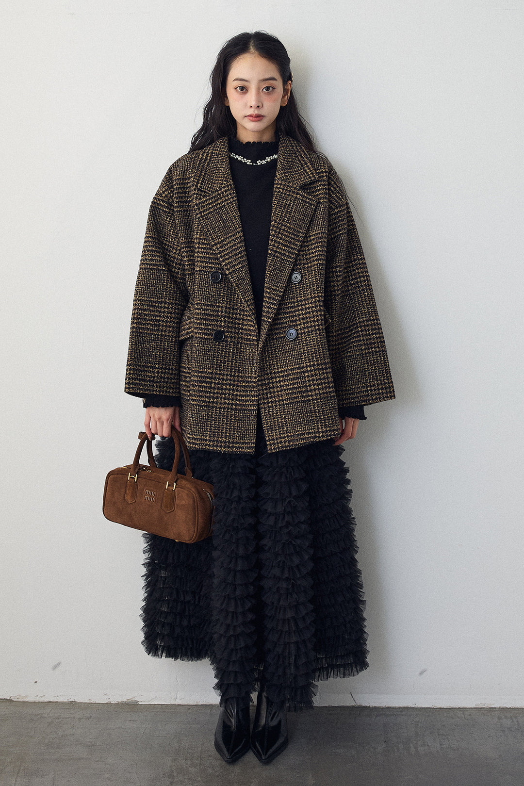 [予約/SET]ネックショルダーパールポイントニット+チェック柄ボクシーコート+ホイップチュールティアードスカート(3set)