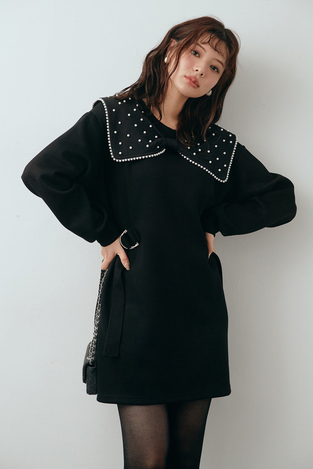 [予約]リボンパールモチーフウエストベルトミニワンピ