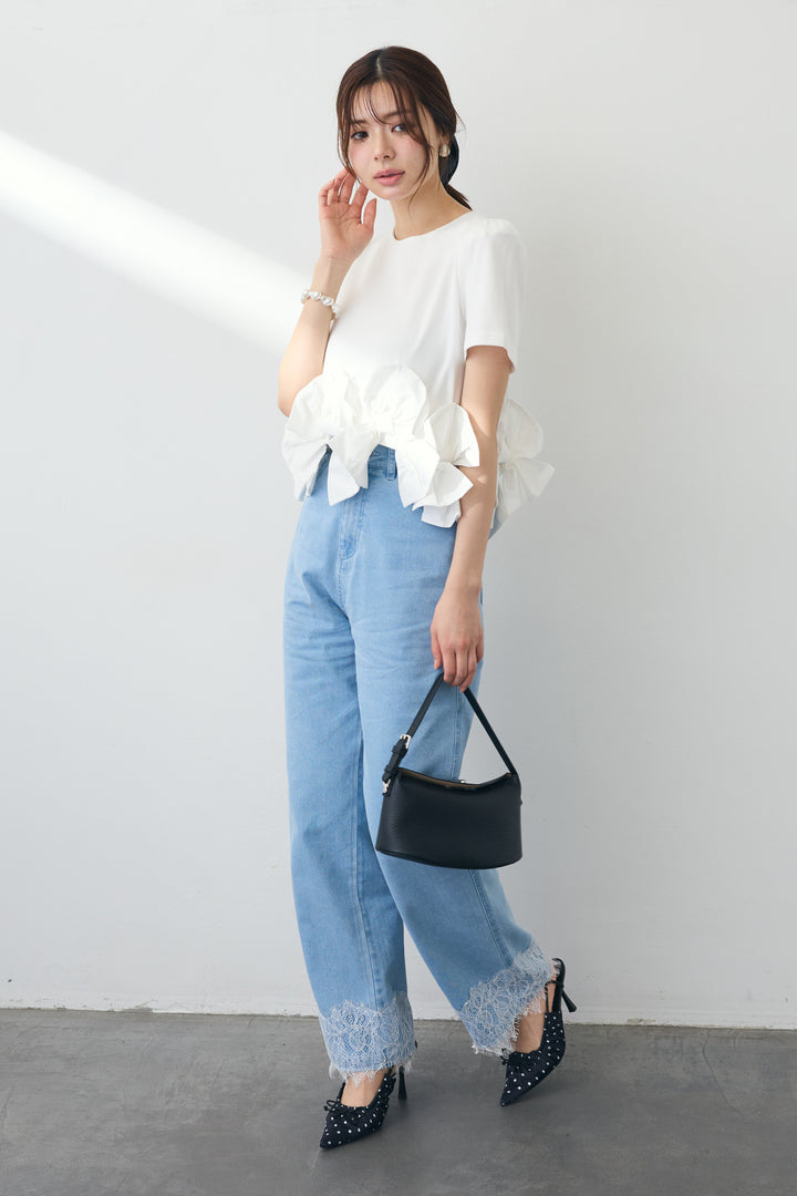 [予約/SET]リボンヘムデザインTシャツ+【接触冷感】ヘムレースデニムパンツ(2set)