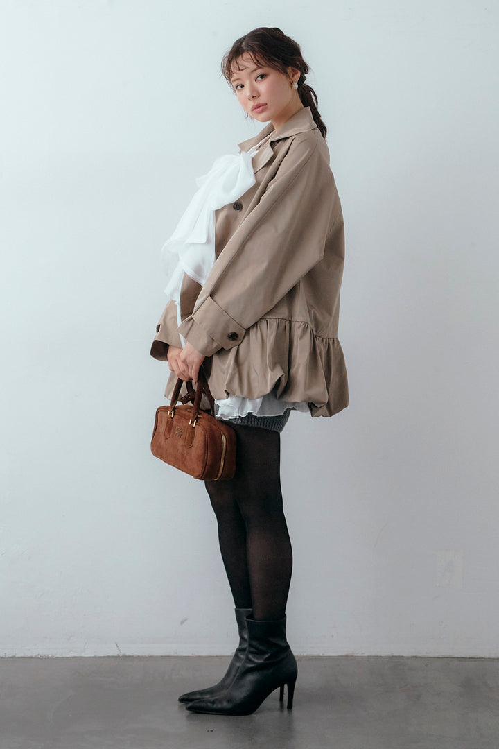 [予約/SET]フロントBIGリボンティアードエアリーチュニック+バルーンヘムミディ丈トレンチコート+メランジニットショートパンツ(3set)