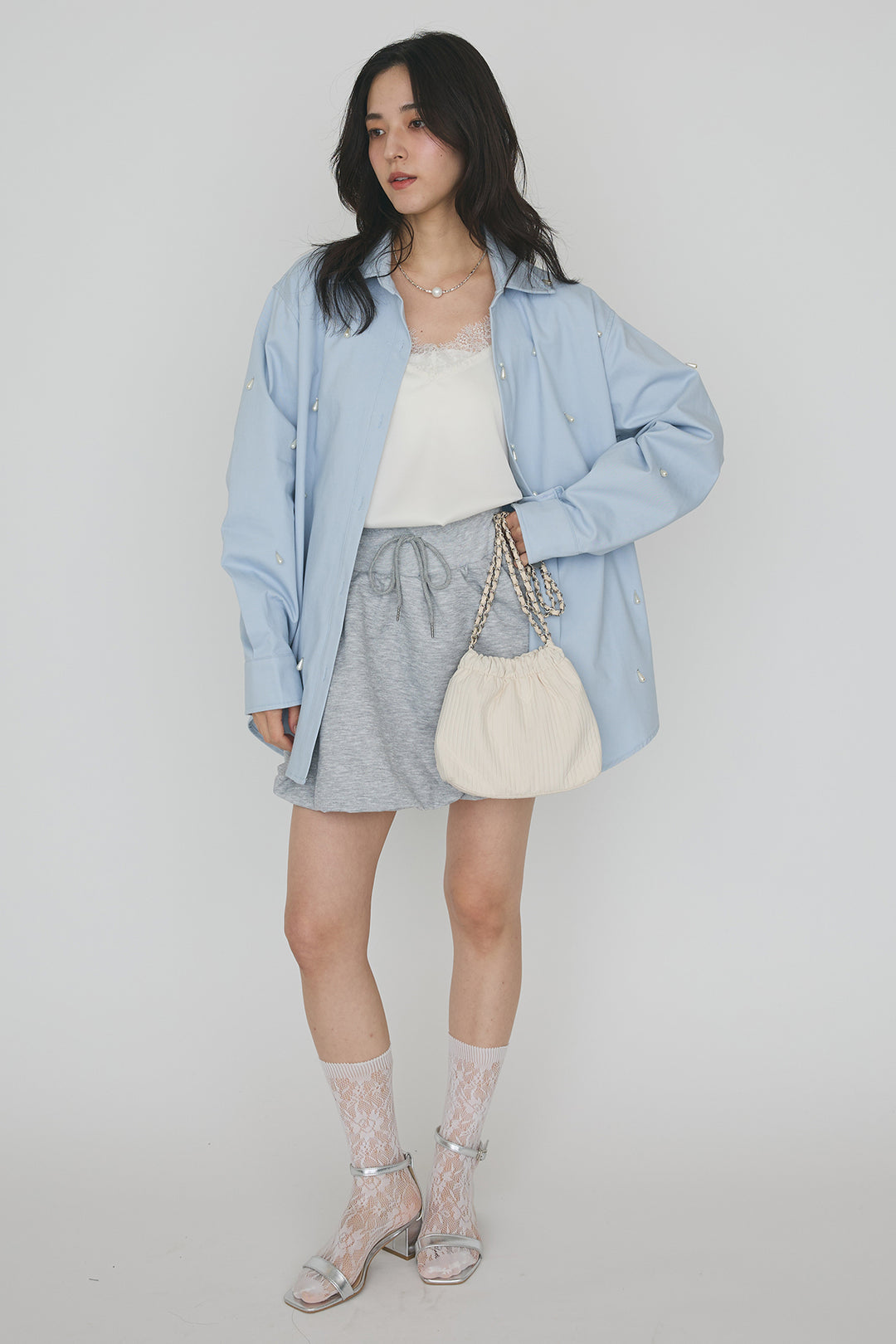 [予約/SET]雫パールデザインオーバーシャツ+スウェットバルーンスカート(2set)