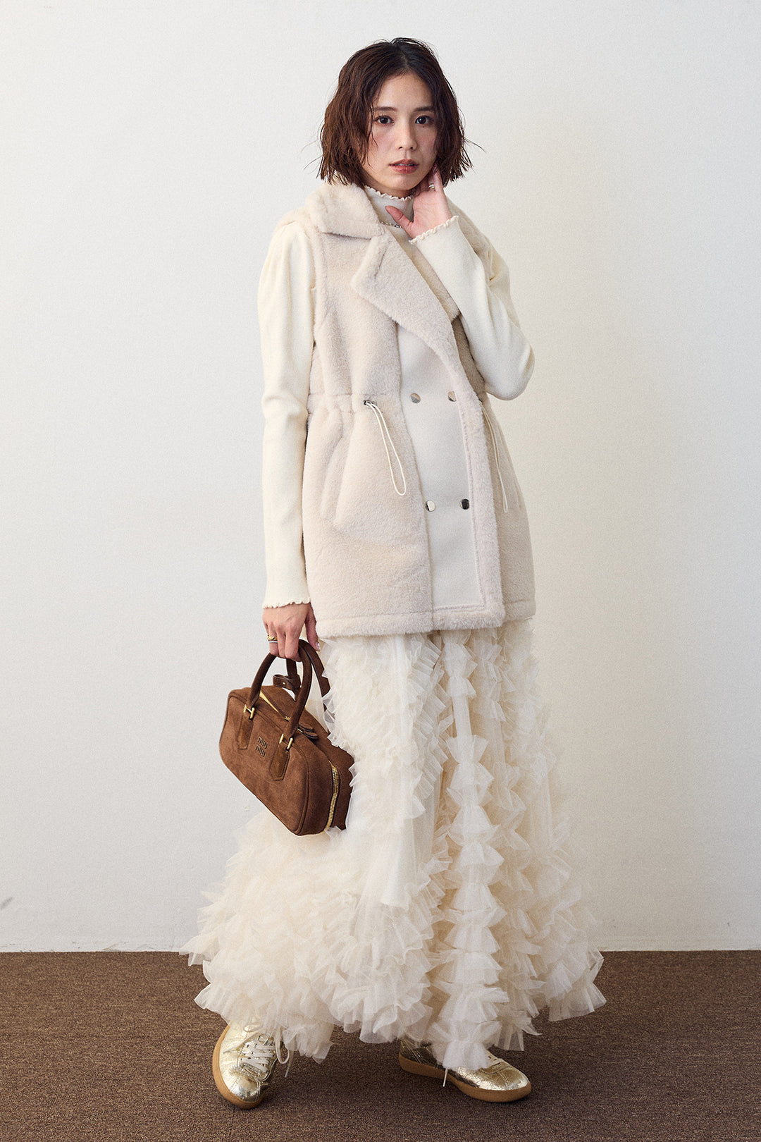 [予約/SET]ネックショルダーパールポイントニット+テディボアウエストドロストベスト+スフレアシメチュールスカート(3set)