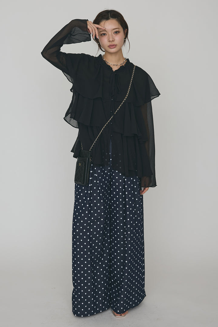 [予約/SET]エアリーシフォンティアードブラウス+ハイウエストドットデニムパンツ(2set)