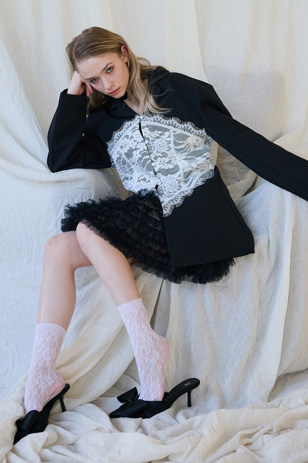 [予約/SET]美ラインウエストレースデザインジャケット+ホイップチュールミニ丈スカート(2set)