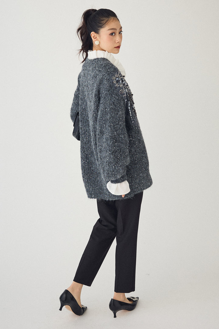 [予約/SET]ダブルプリーツカラーブラウス+ビーズフラワースパンコールシャイニーニットカーデ+タックテーパードパンツ(3set)