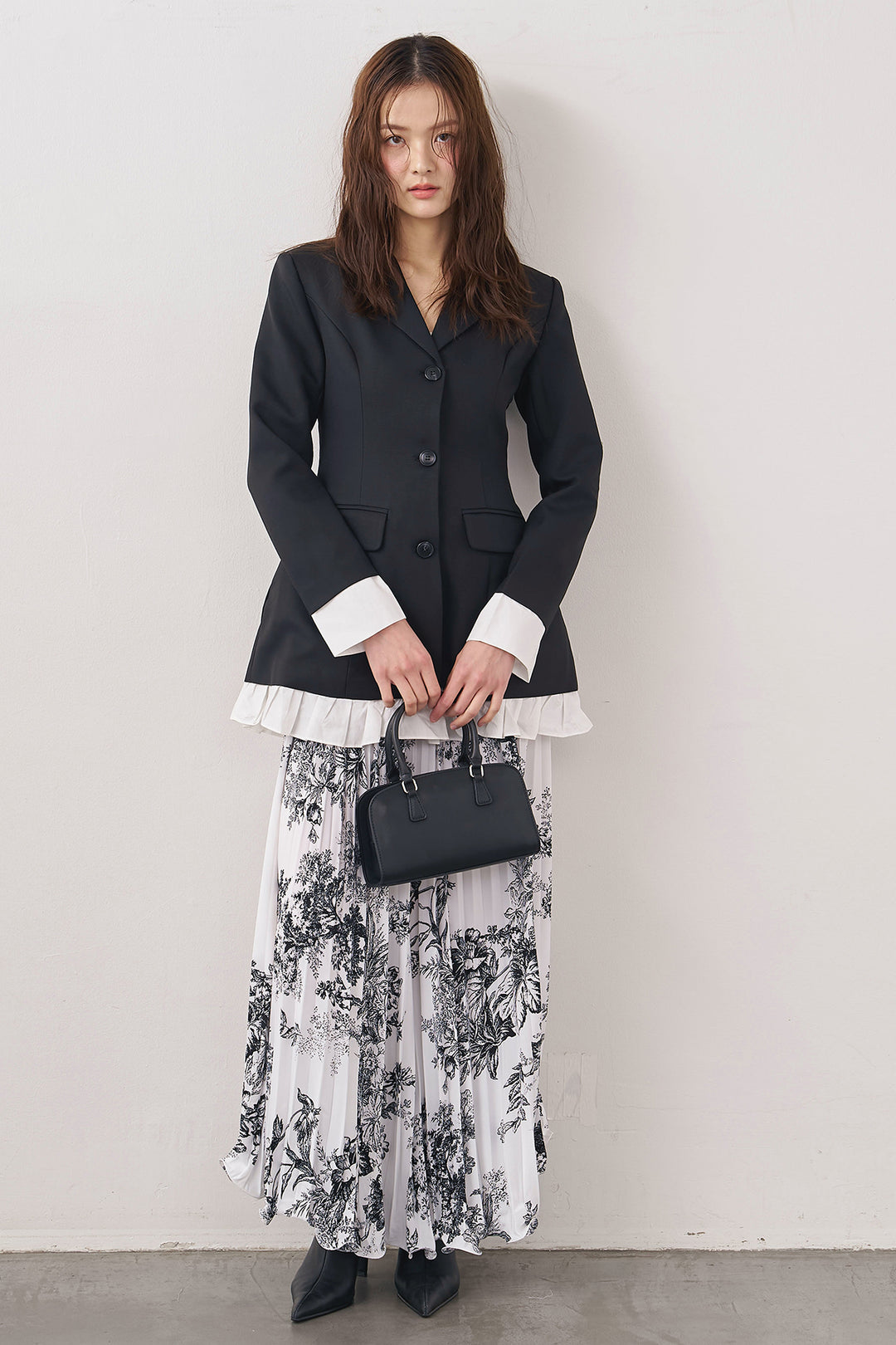 [予約/SET]プリンセスラインフリルドッキングジャケット+モノトーントワル柄プリーツスカート(2set)