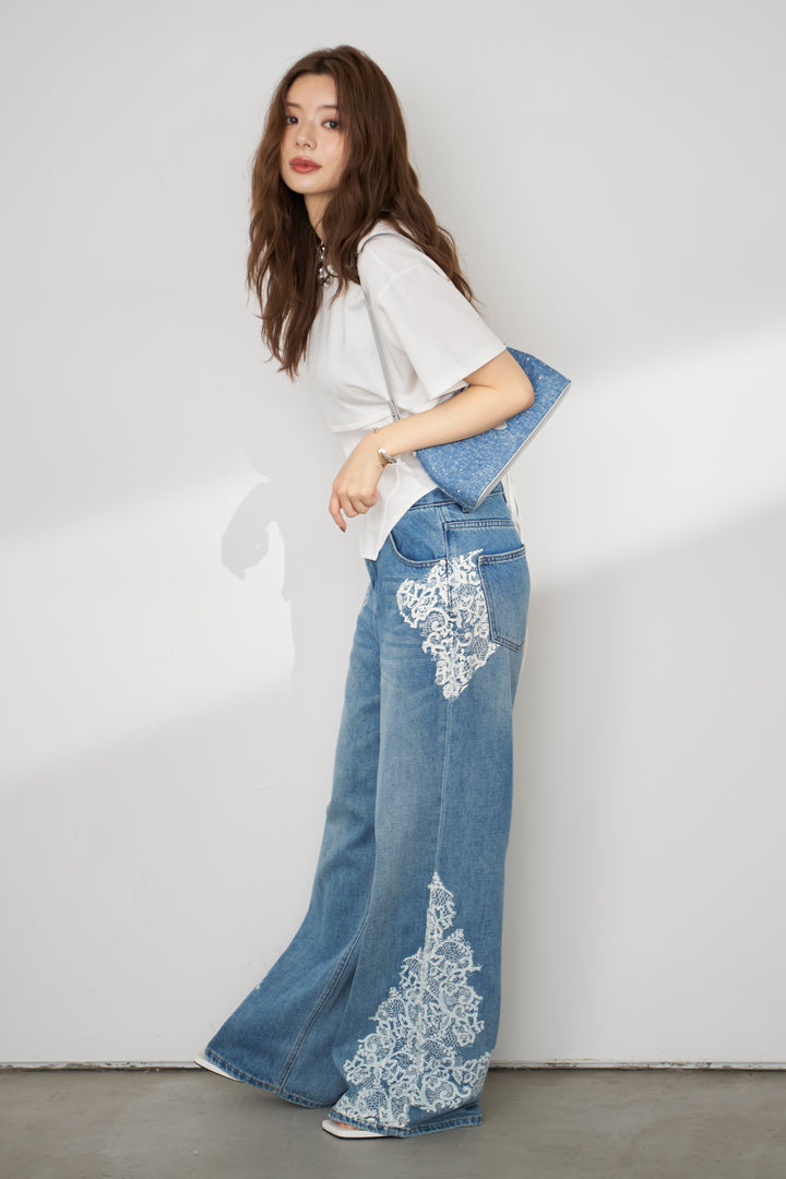 [予約/SET]バックレースアップTシャツ+レースプリントデザインデニムパンツ(2set)
