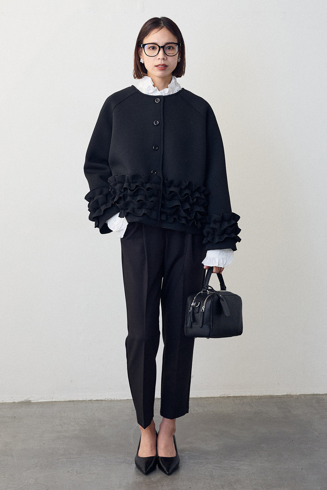 [予約/SET]ローズモチーフフリルカラーシャツ+フリルティアードボンディングクロップドコート(2set)