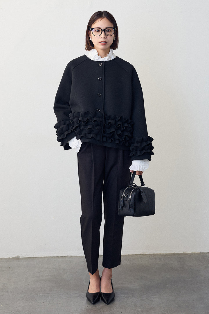 [予約/SET]ローズモチーフフリルカラーシャツ+フリルティアードボンディングクロップドコート(2set)