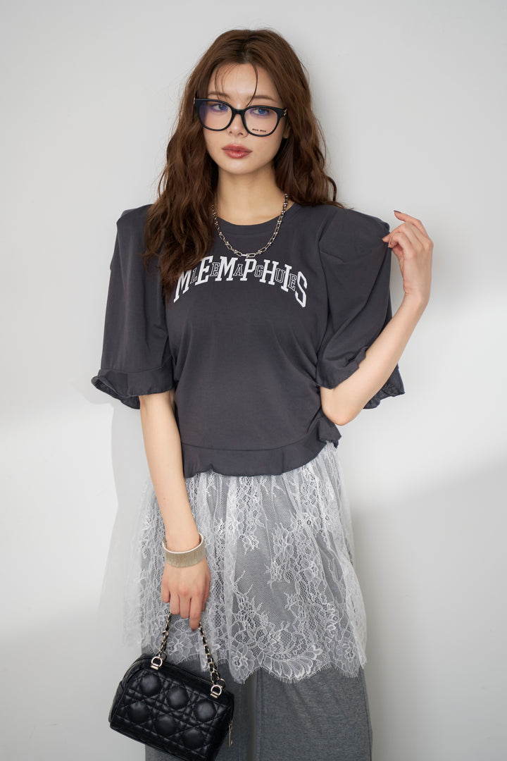 [予約/SET]ロゴパフスリーブデザインTシャツ+繊細レースレイヤードパンツ(2set)