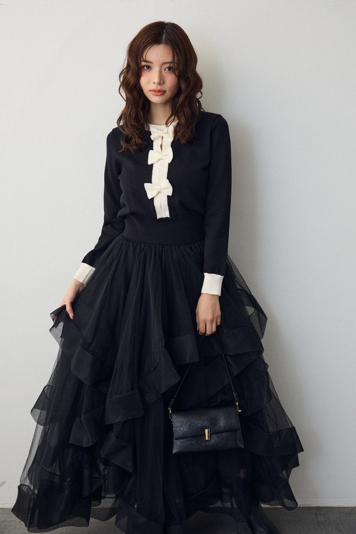 [予約/SET]フロントリボンモチーフカーデ+ランダムフリルティアードボリュームスカート(2set)
