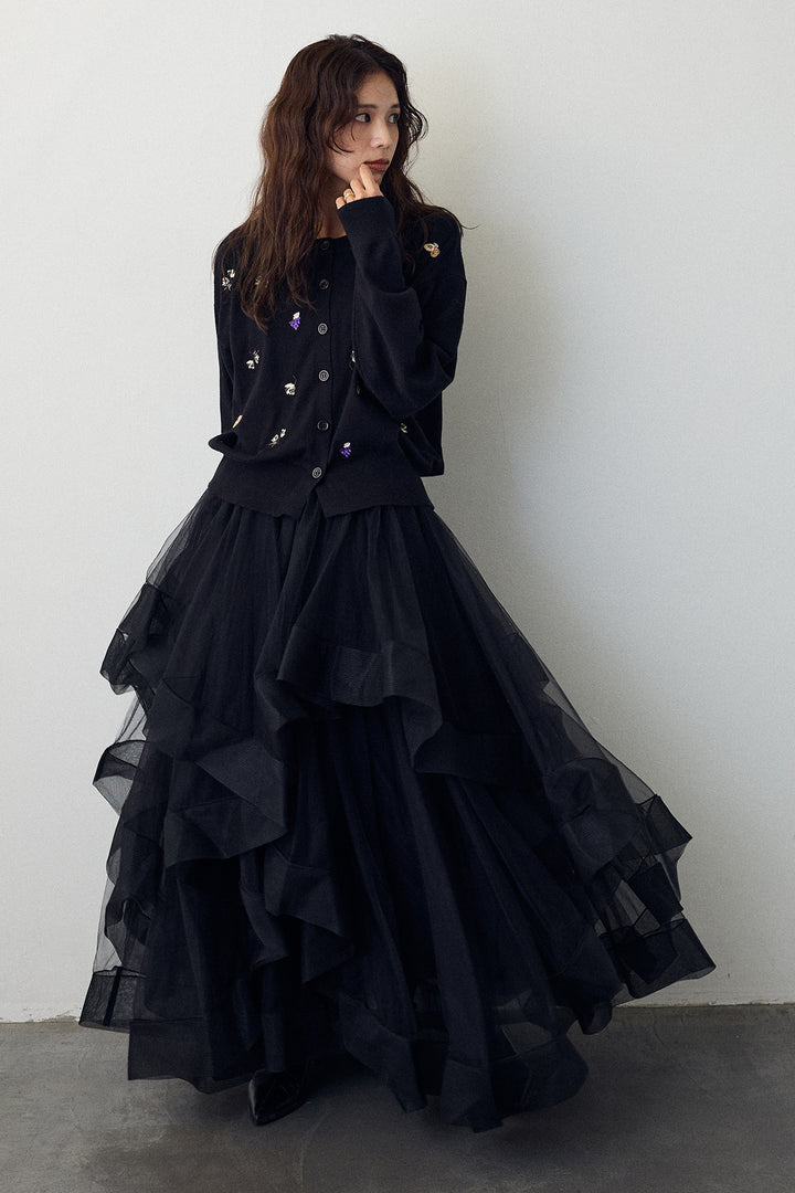 [予約/SET]フルーツフラワー刺繍ニットカーデ+ランダムフリルティアードボリュームスカート(2set)