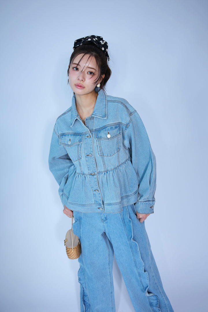 [予約/SET]ペプラムデニムジャケット+フリルウェーブデニムパンツ(2set)
