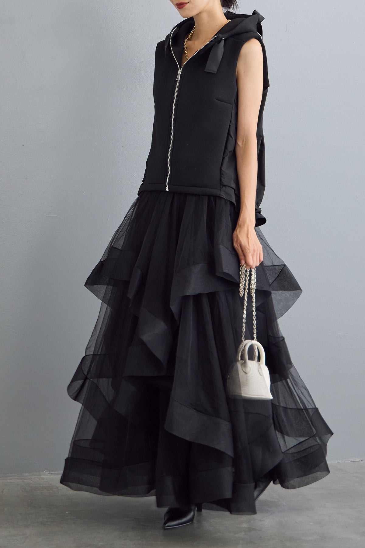 予約/SET]リボンフード異素材切り替えトップス+ランダムフリル