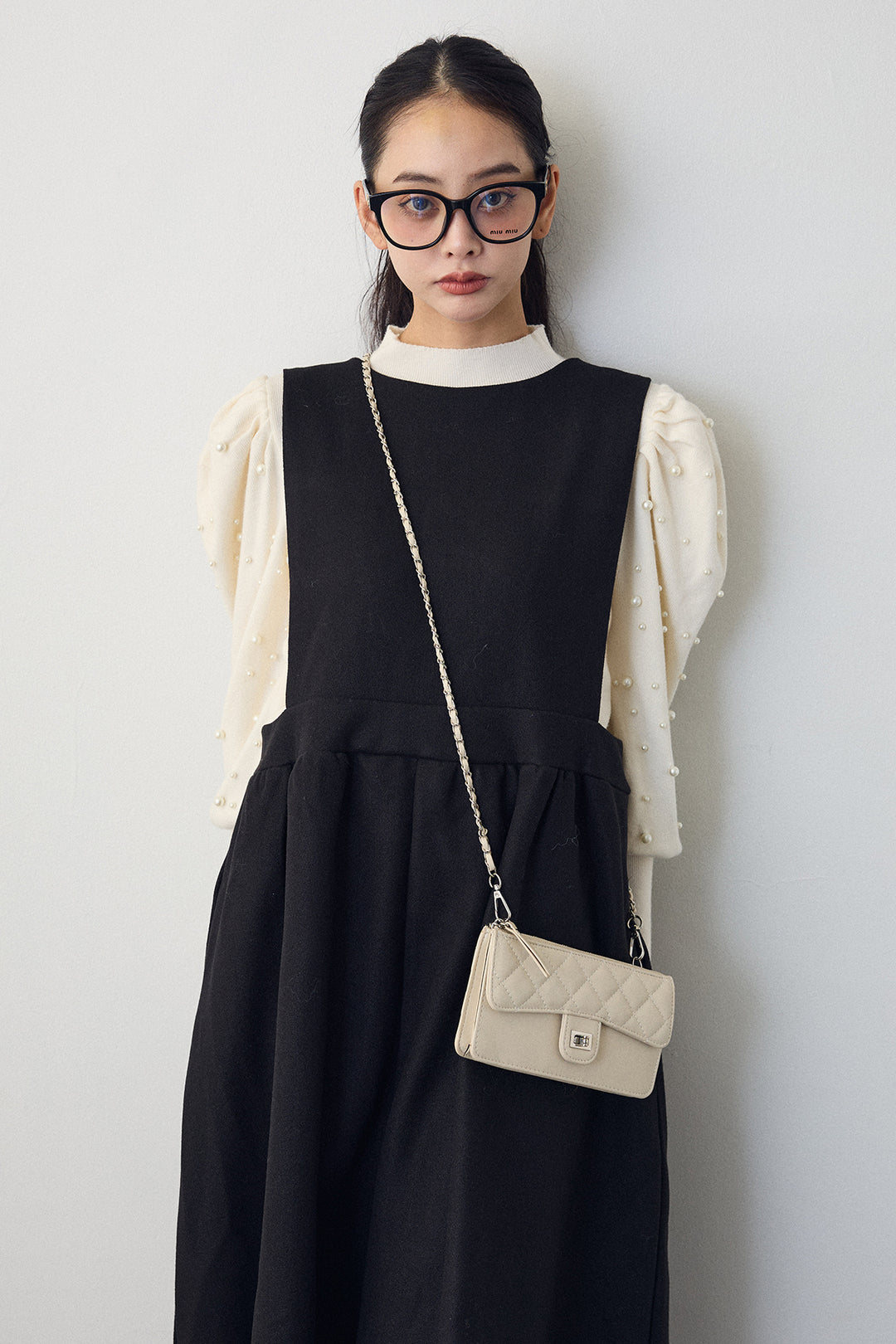 [予約/SET]パフスリーブランダムパールニット+バックリボンボックスシルエットジャンスカ(2set)