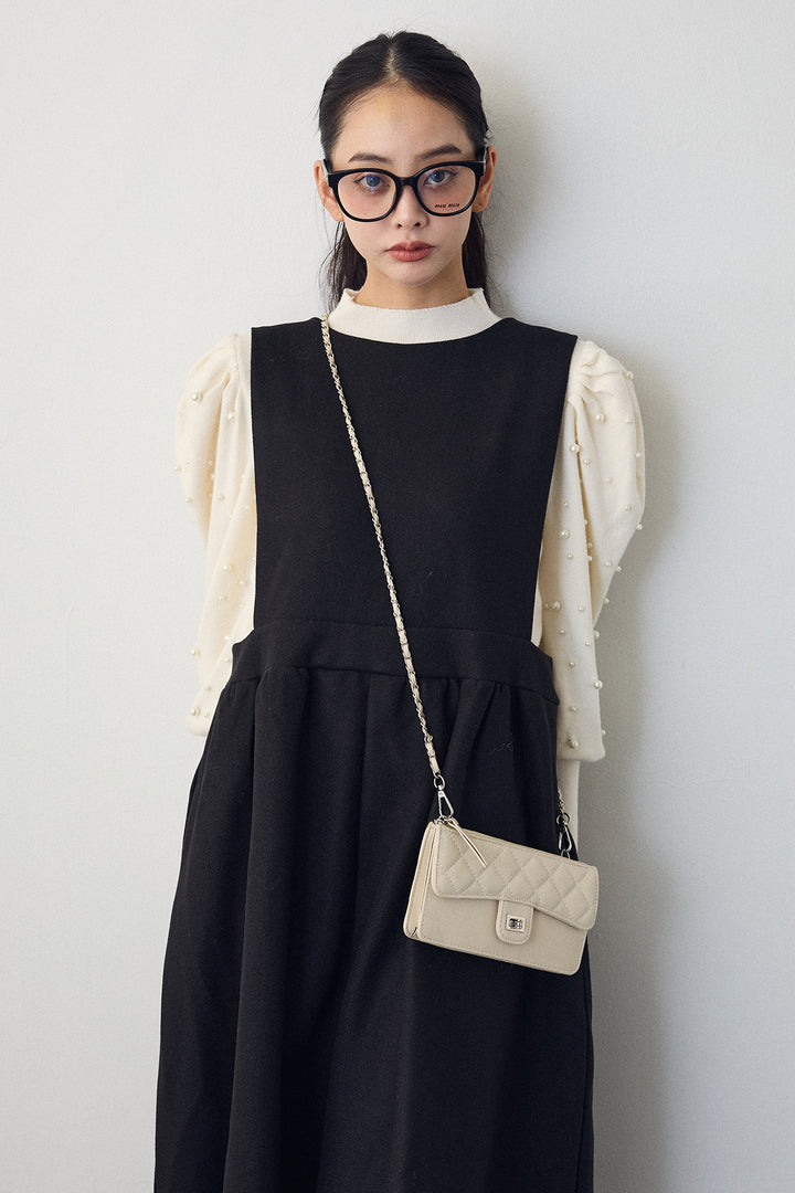 [予約/SET]パフスリーブランダムパールニット+バックリボンボックスシルエットジャンスカ(2set)