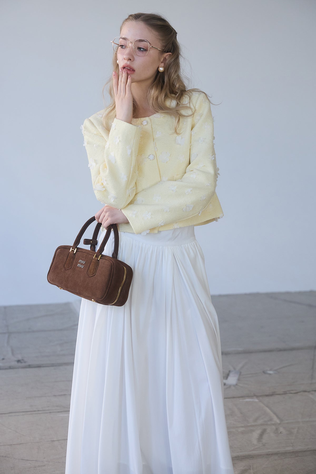 予約/SET]フラワーモチーフツイードジャケット+ギャザーフレア綿タッチ