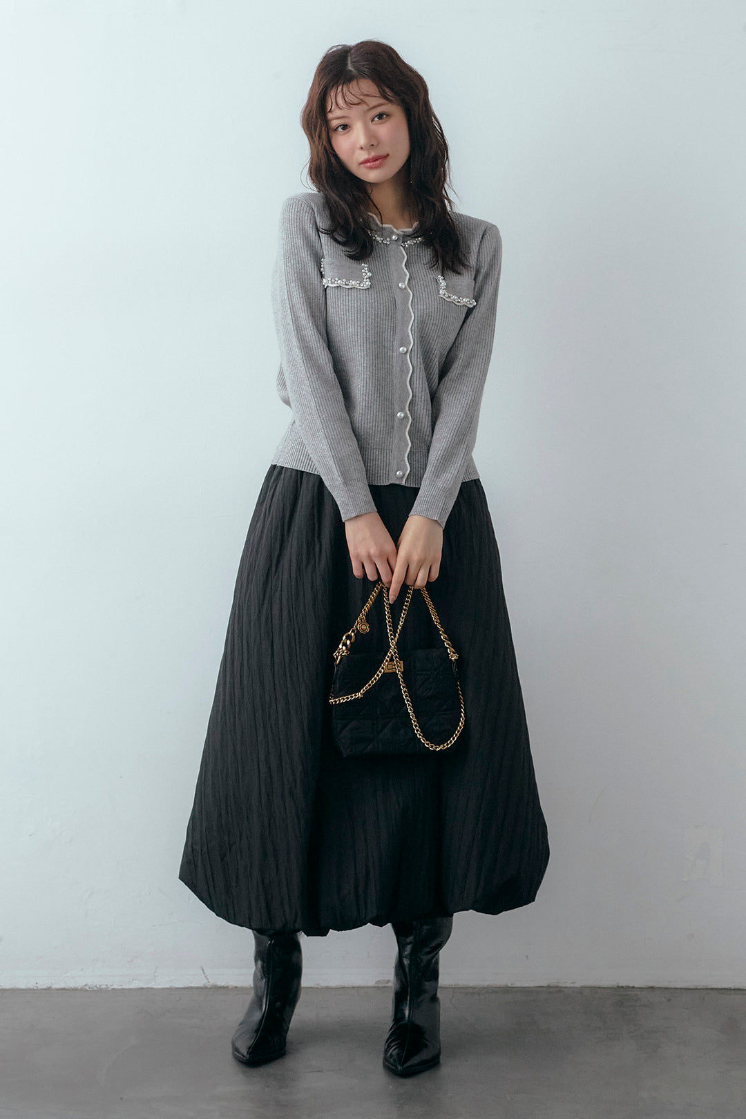 [予約/SET]ビジューパールデザインニットカーデ+ソフトキルトバルーンスカート(2set)