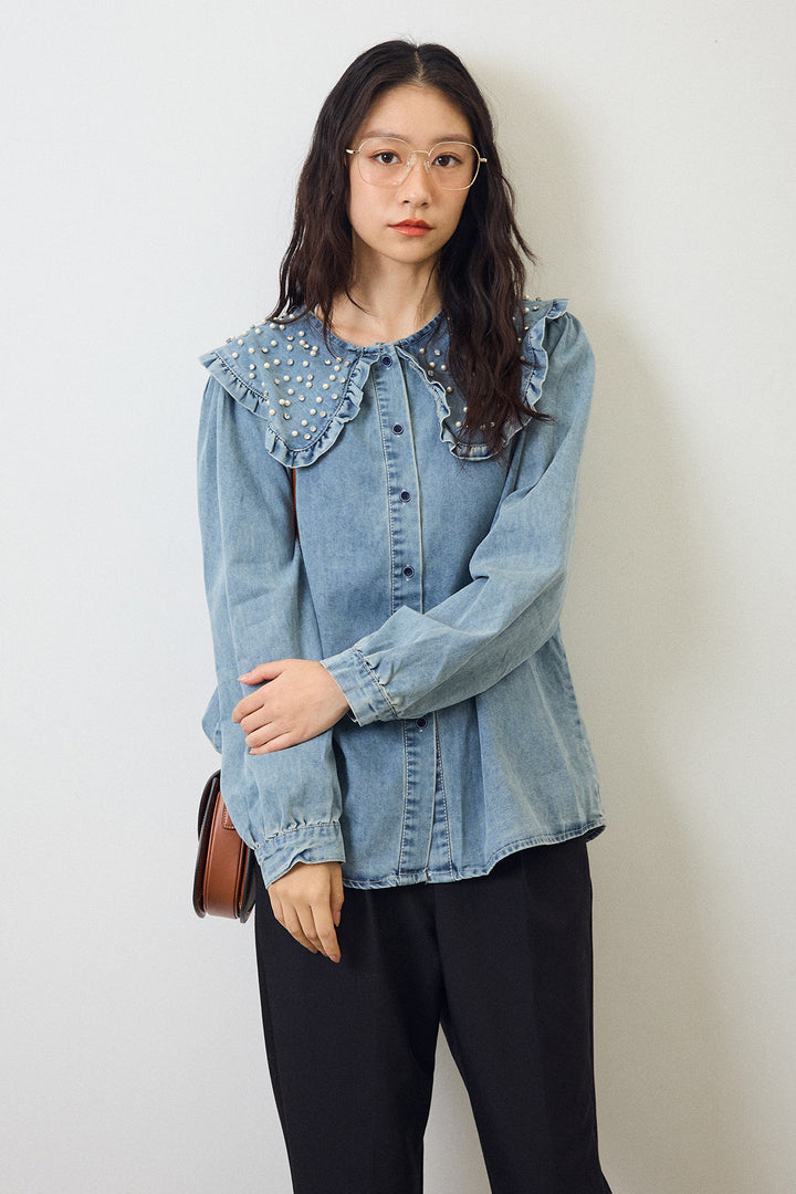 [予約/SET]パールBIGカラーデニムシャツ+タックテーパードパンツ(2set)