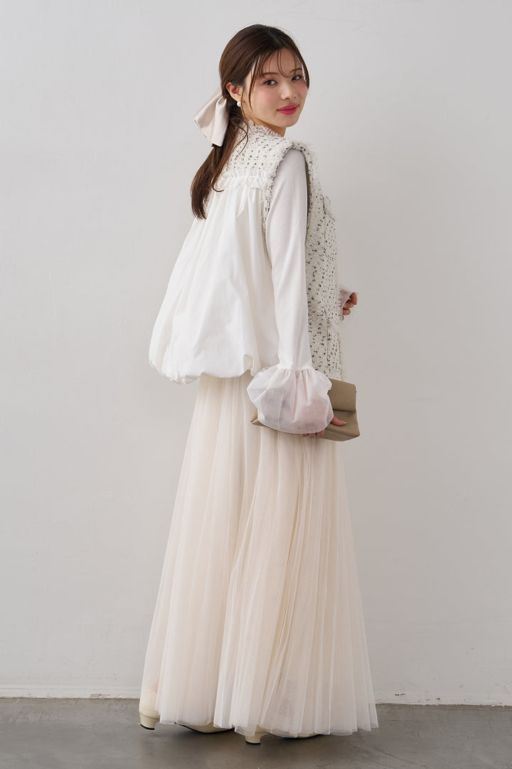 [予約/SET]チュールシアーカフスリブニット+異素材切り替えツイードベスト+エアリーチュールフレアスカート(3set)