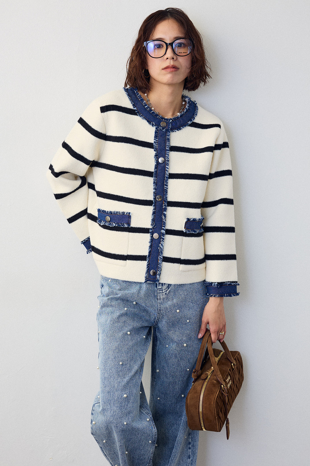 [予約/SET]デニムドッキングマルチパターンカーデ+パールスタッズストレートハイウエストデニム(2set)