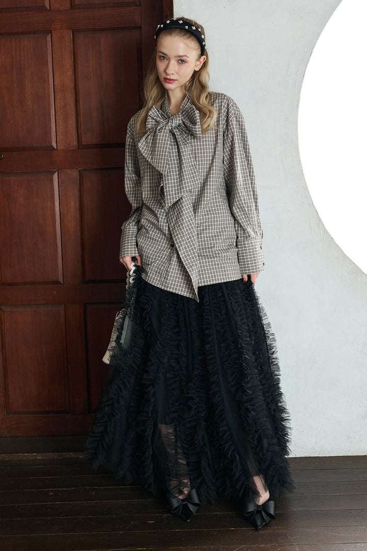 [予約/SET]マルチパターンボウタイアシメシャツ+Iラインホイップチュールスカート(2set)