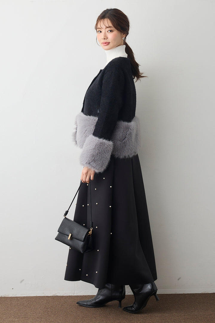 [予約/SET]配色ファードッキングコート+マルチパターンボンディングフレアスカート(2set)