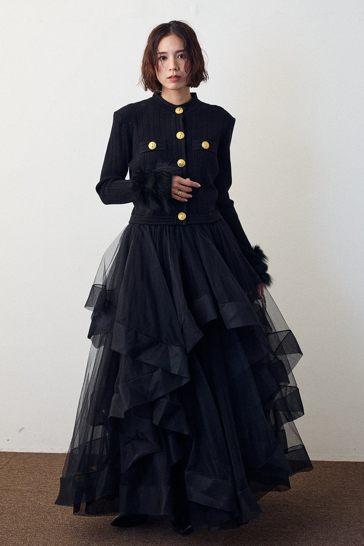 [予約/SET]ダブルファーラインスリーブニットカーデ+ランダムフリルティアードボリュームスカート(2set)