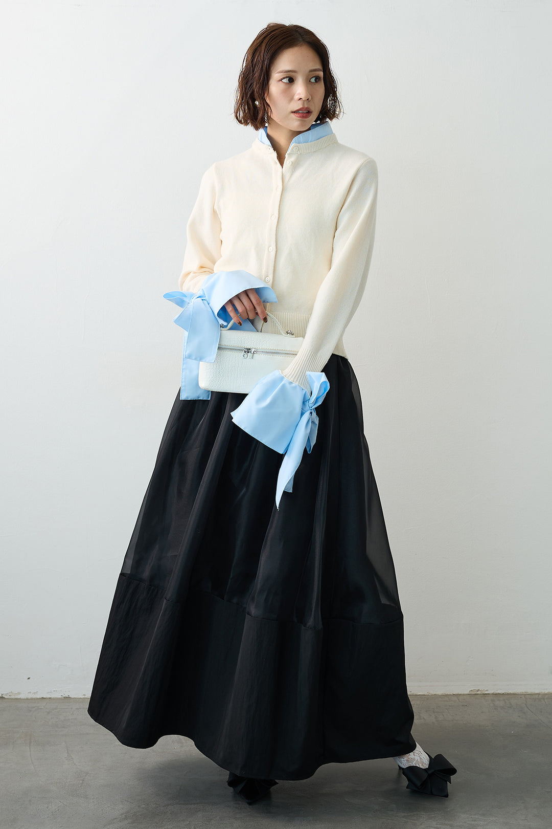 [予約/SET]BIGリボンカフスデザインニットドッキングカーデ+オーガンジー×タフタコクーンスカート(2set)