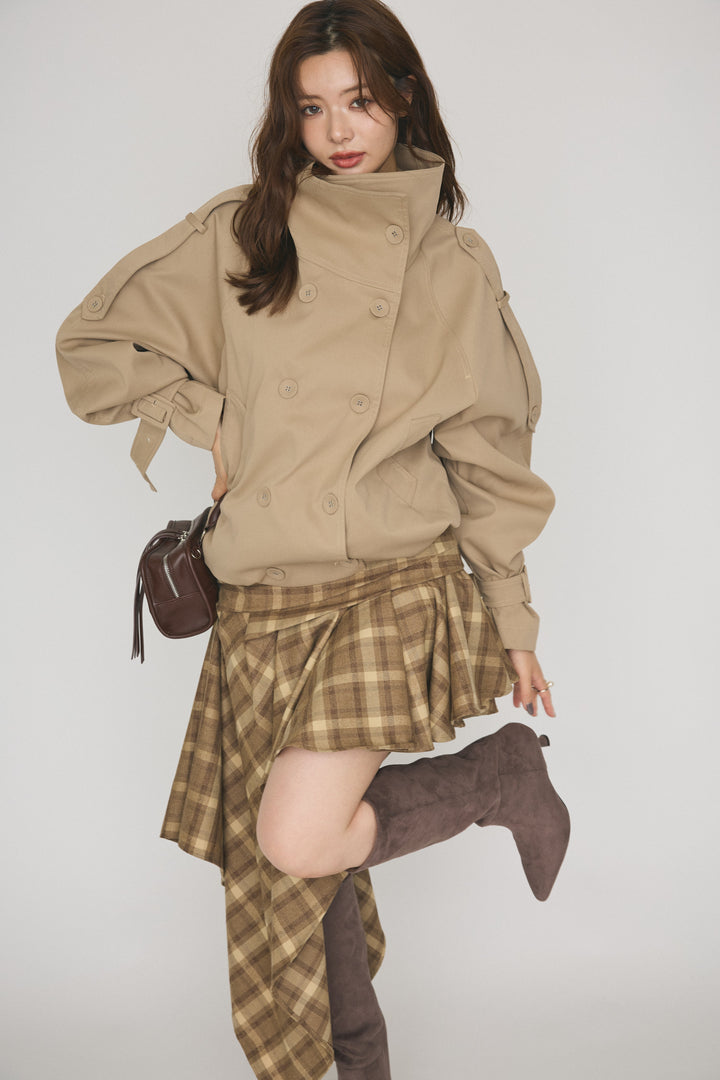 [予約/SET]スタンドカラー2wayヘムバルーントレンチコート+アシメデザインチェックスカート(2set)