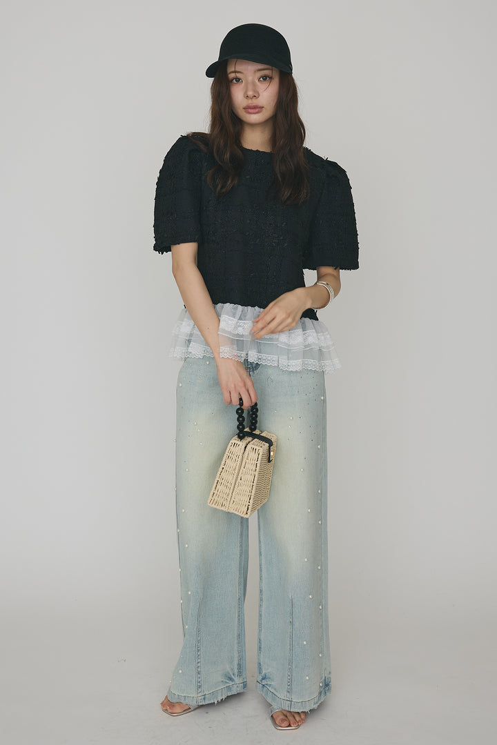 [予約/SET]サマーツイード異素材ドッキングトップス+パールラインストーンハイウエストデニム(2set)