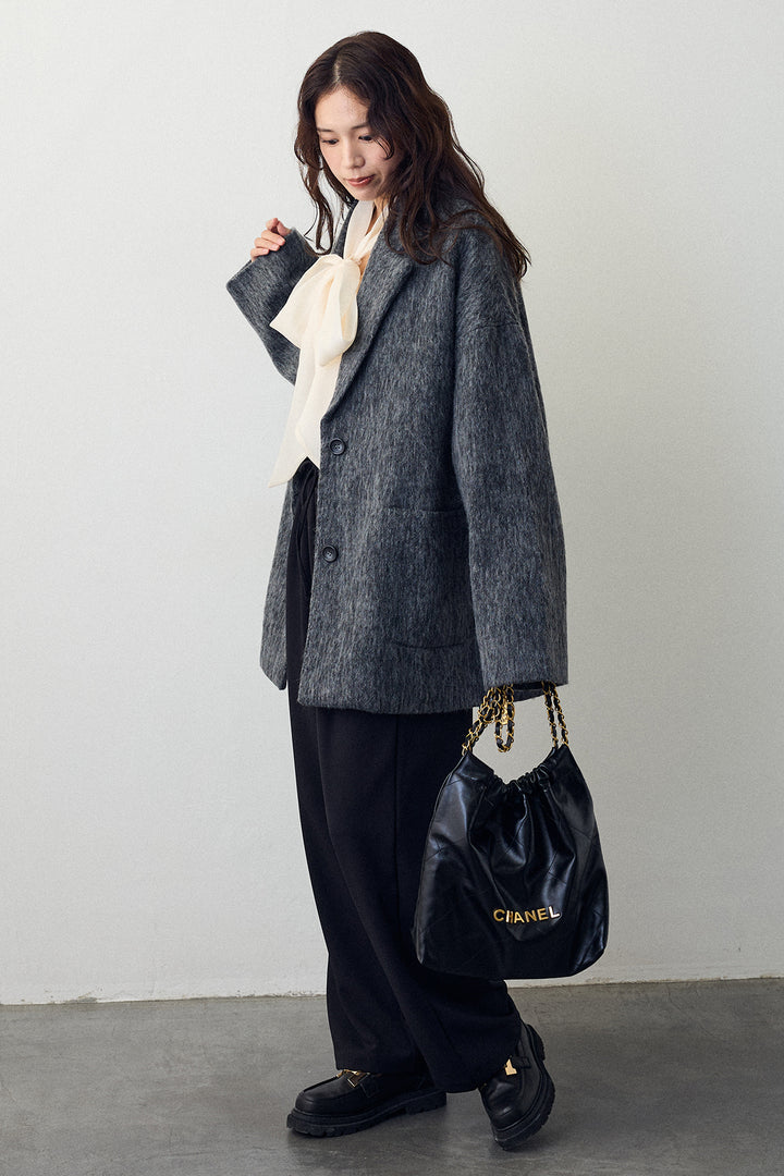 [予約/SET]前後2wayリボンシアーブラウス+シャギーミドル丈コート+2タック美シルエットパンツ(3set)