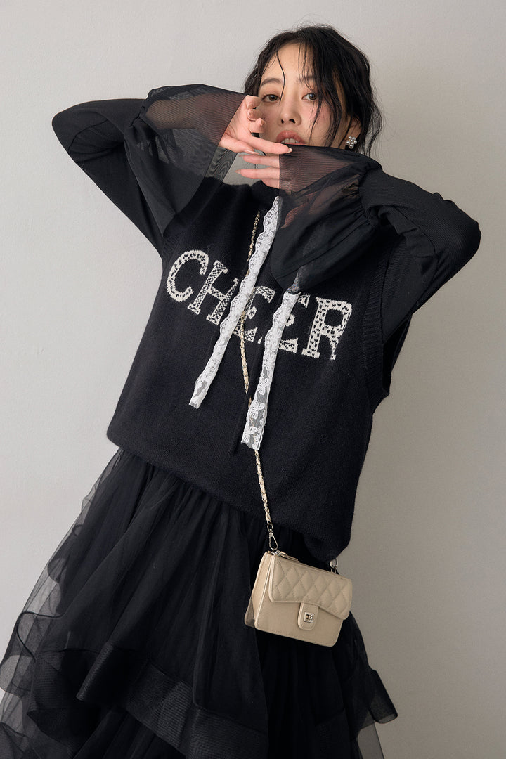 [予約/SET]チュールシアーカフスリブニット+レースリボンロゴフードスリーブレスニット+ランダムフリルティアードボリュームスカート(3set)