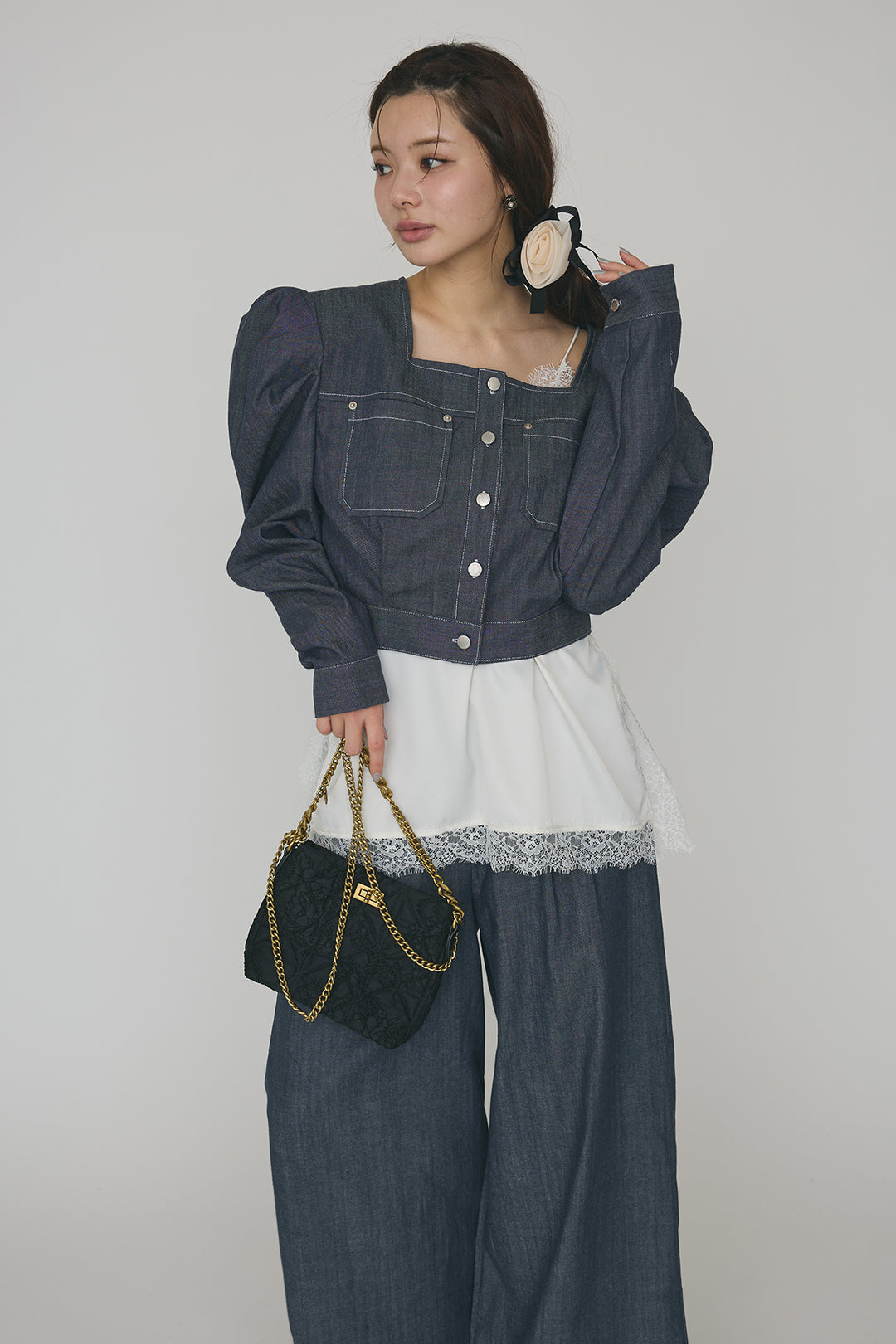 [予約/SET]マットサテンレースキャミソール+ステッチパフスリーブクロップドジャケット+ステッチデザインハイウエストデニムパンツ(3set)