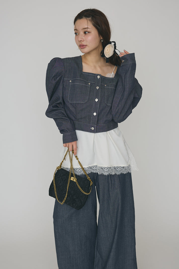 [予約/SET]マットサテンレースキャミソール+ステッチパフスリーブクロップドジャケット+ステッチデザインハイウエストデニムパンツ(3set)