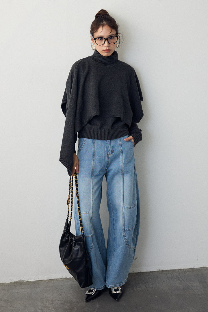 [予約/SET]アシメケープ2wayニット+ステッチ美ラインカーブデニムパンツ(2set)