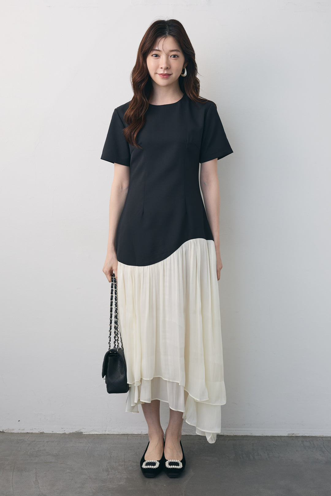 [予約]シフォン切替ハーフスリーブワンピース