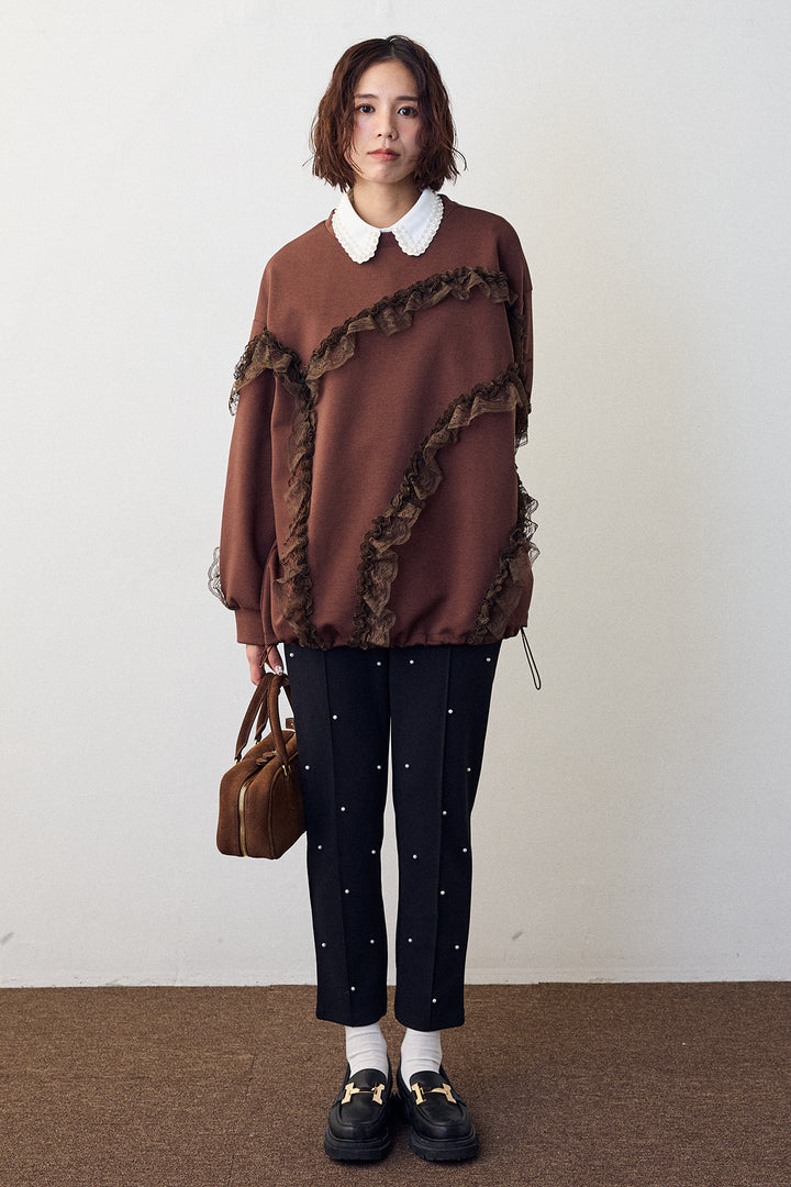 [予約/SET]レースフリルランダムラインスウェット+センターシームランダムパールパンツ(2set)