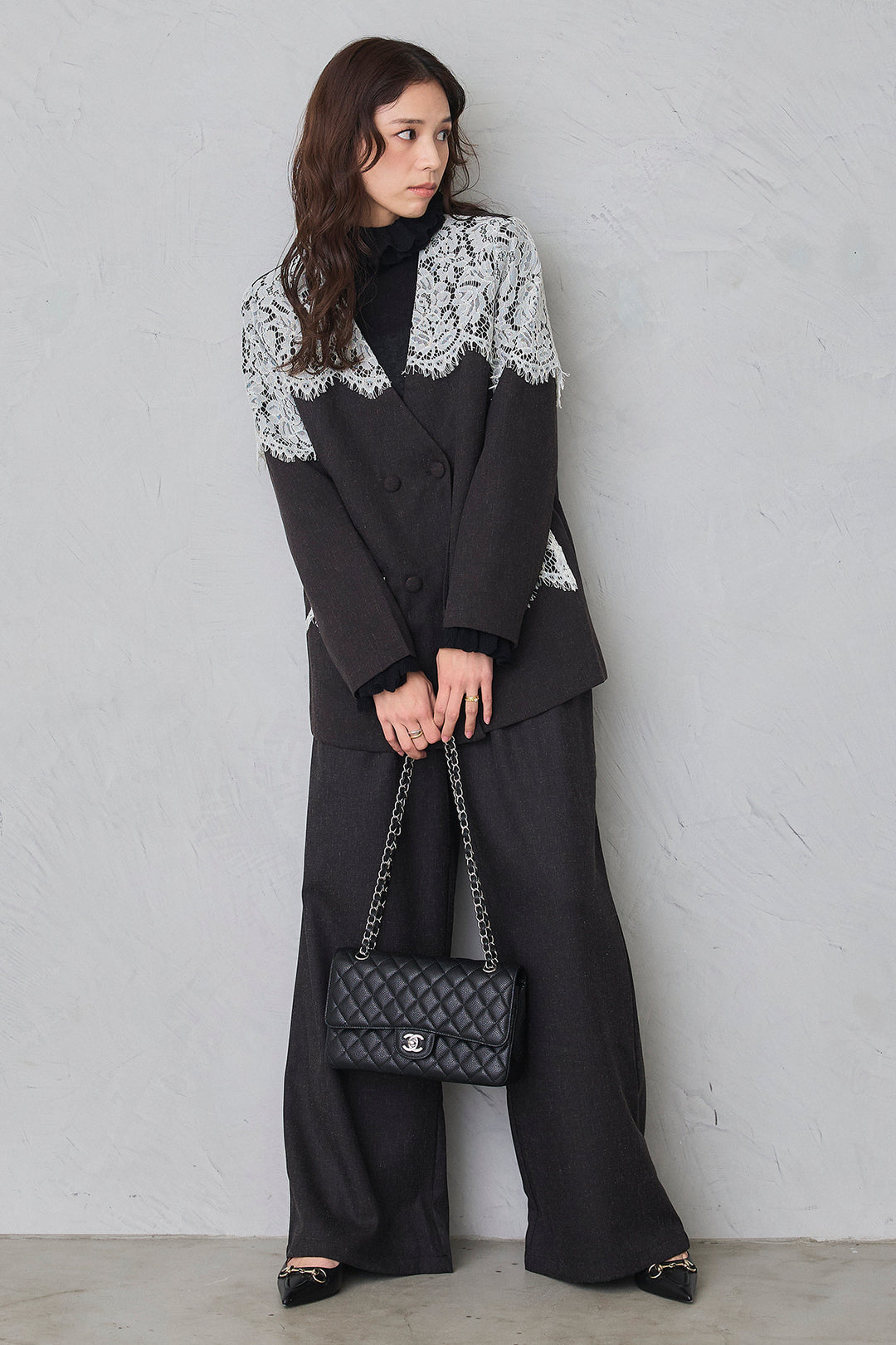 [予約/SET]ショルダーレースデザインジャケット+ライトツイードタックパンツ(2set)