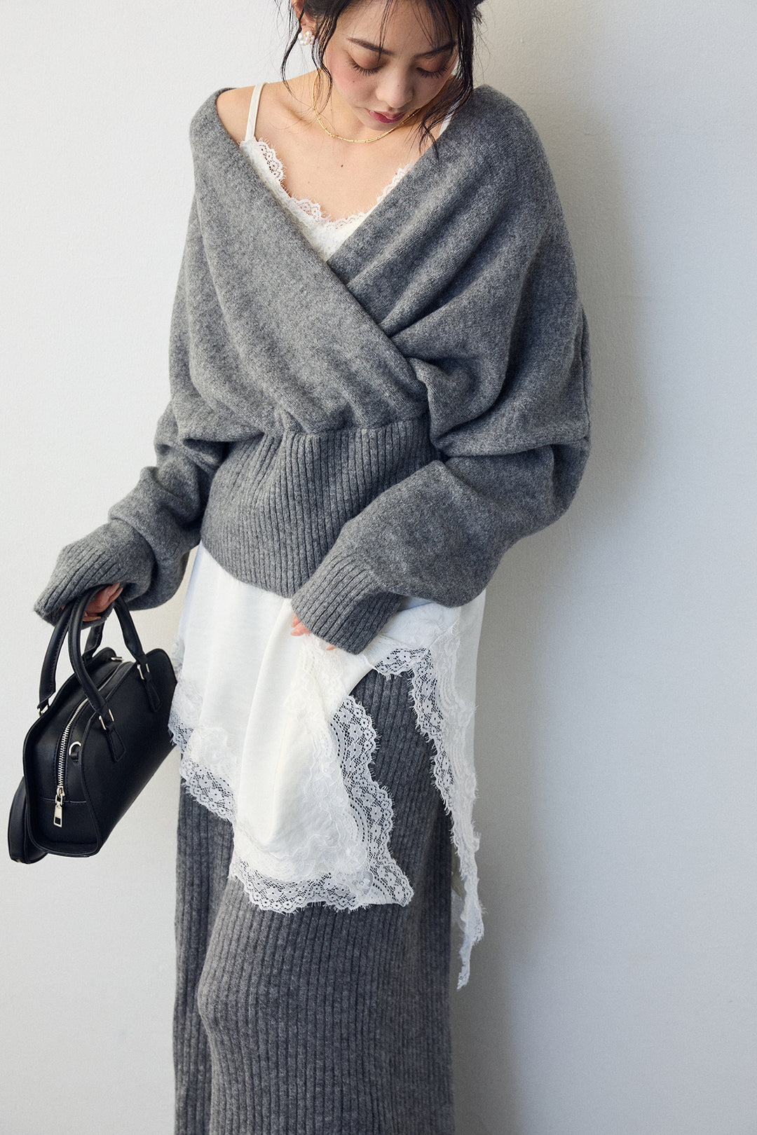 [予約/SET]カシュクール美ラインニットセットアップ+サテンレースアシメキャミ(2set)