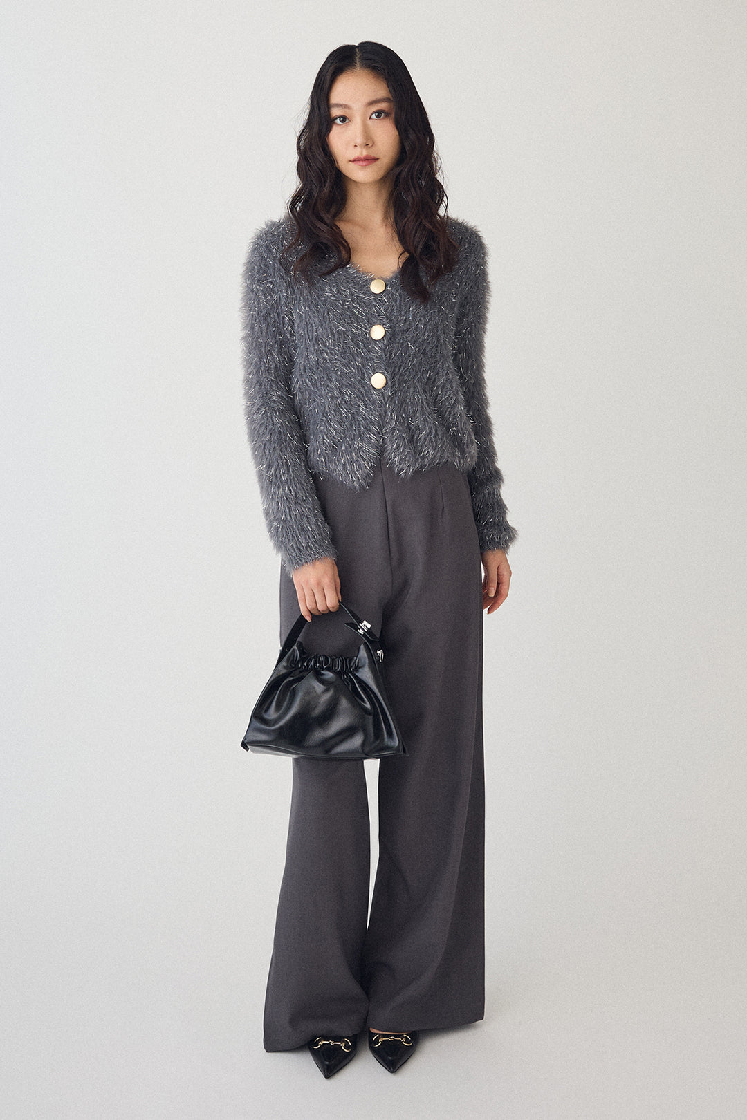 [予約/SET]ゴールドボタンラメシャギーニット+バックリボンストレートパンツ(2set)