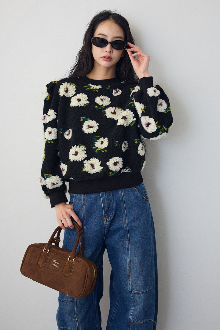 [予約/SET]ボアフラワーモチーフニット+ステッチ美ラインカーブデニムパンツ(2set)