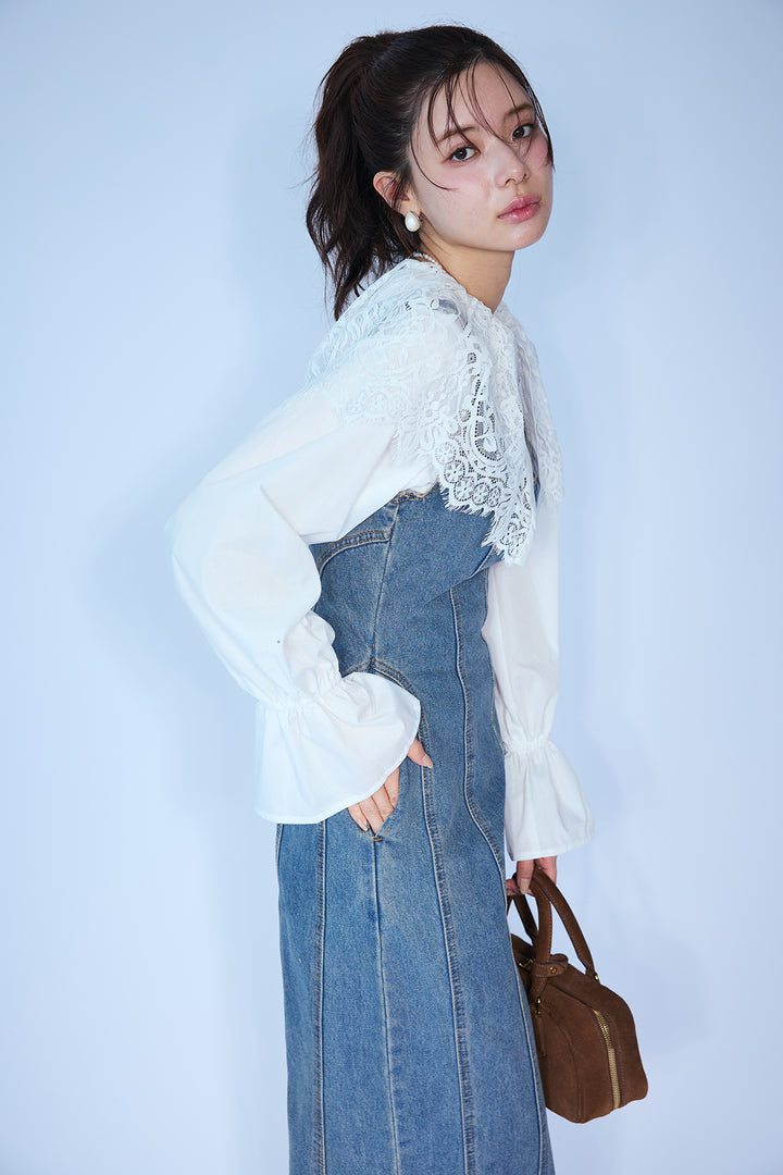 [予約/SET]繊細レースカラーキャンディースリーブブラウス+美ラインデニムサロペット(2set)