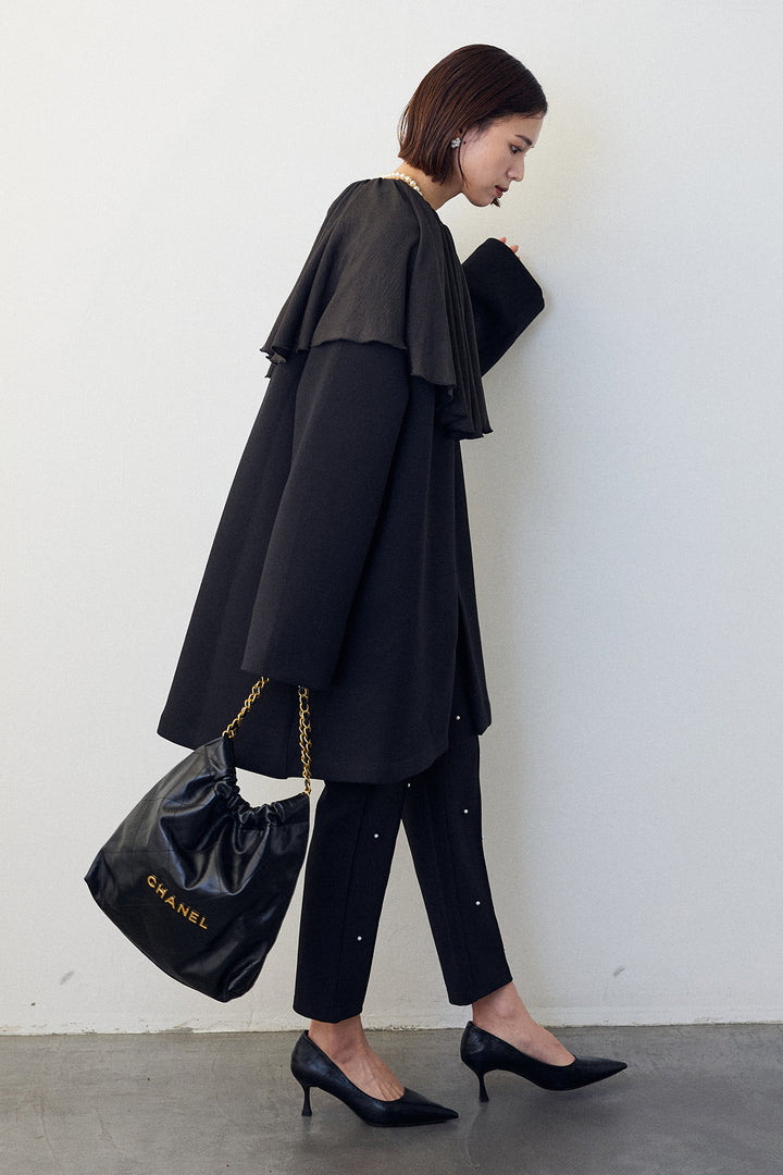 [予約/SET]BIGフリルカラーブラウス+フリルポケットボンディングノーカラーコート(2set)