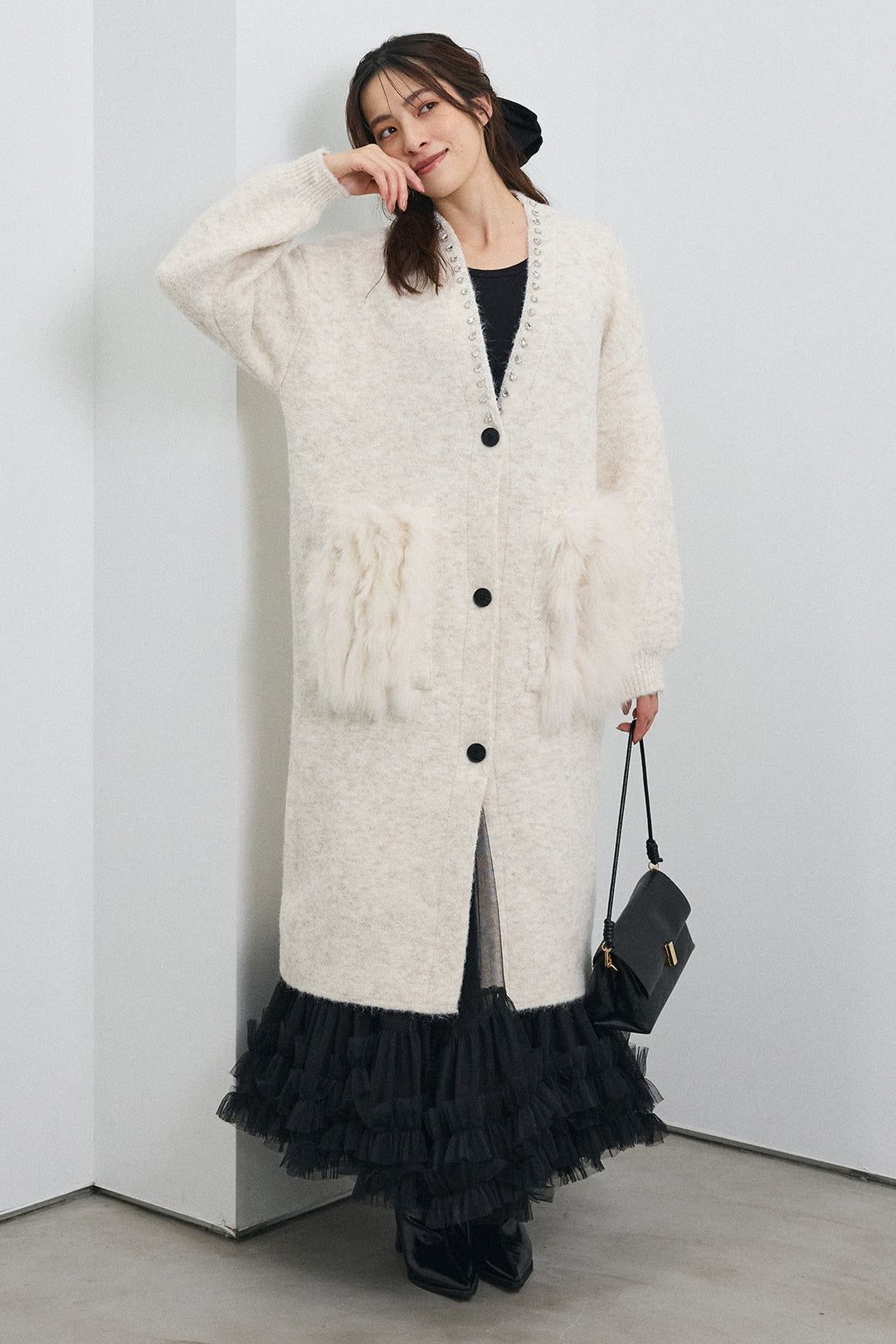 [予約/SET]ファーポケットロングニットカーデ+スウィートチュールフリルスカート(2set)