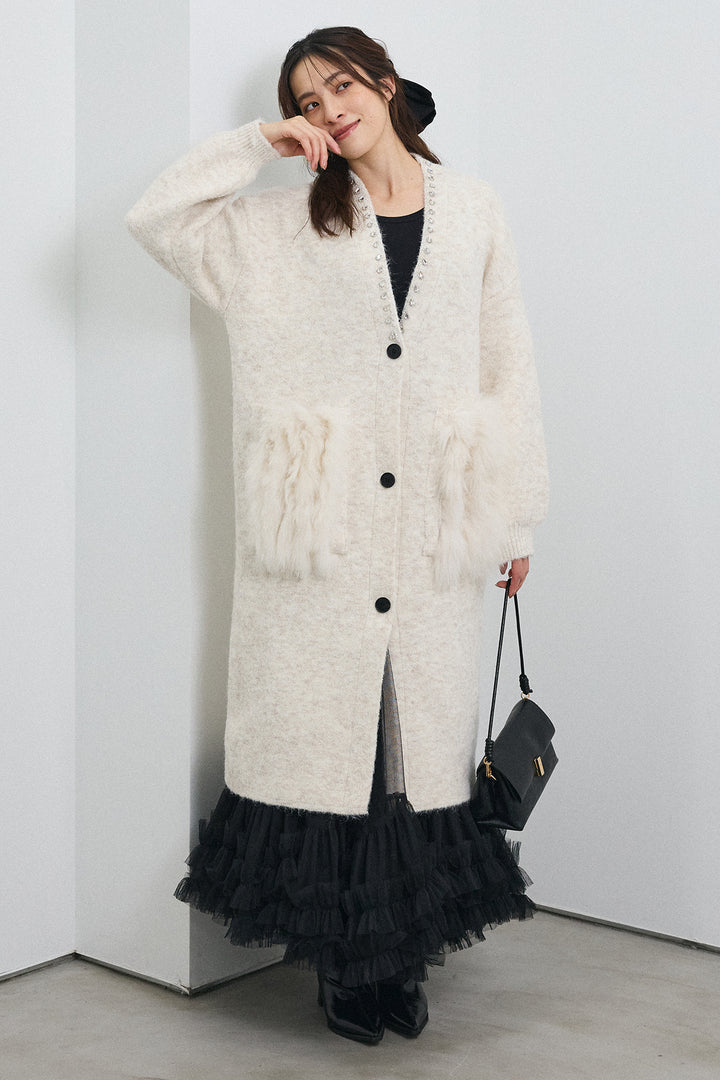 [予約/SET]ファーポケットロングニットカーデ+スウィートチュールフリルスカート(2set)