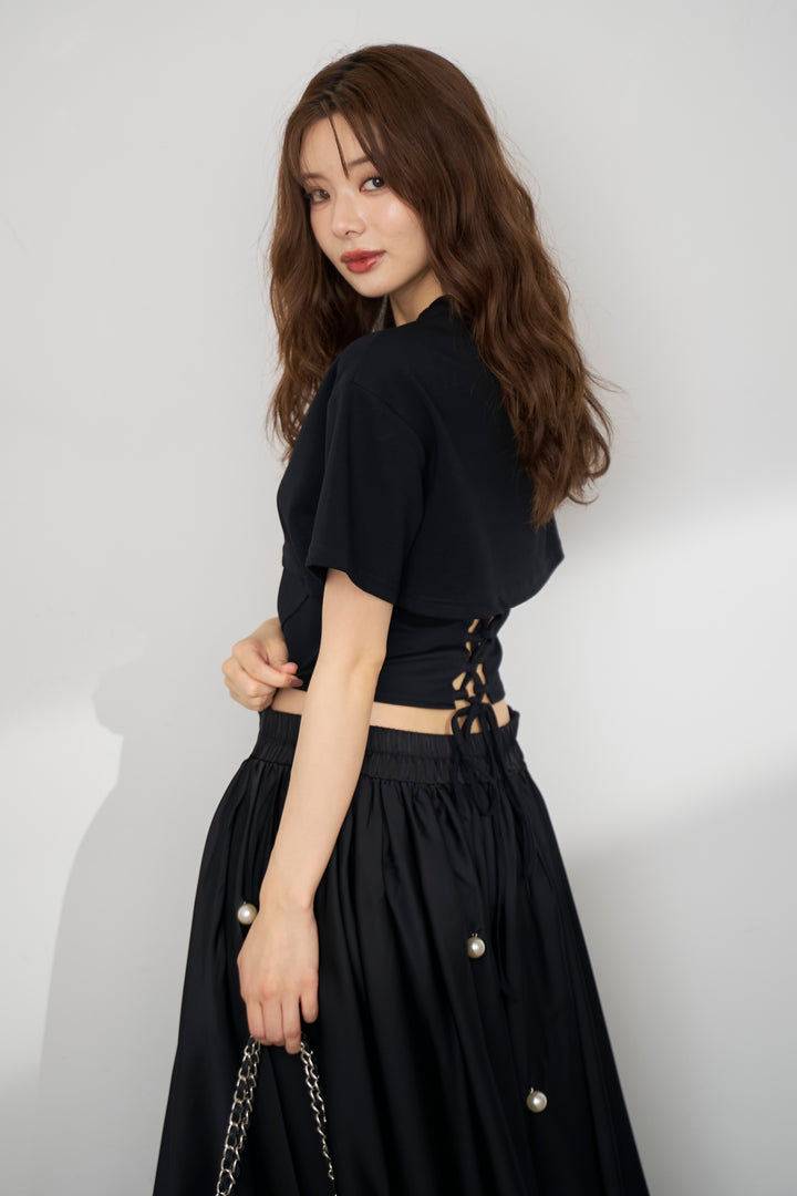 [予約/SET]バックレースアップTシャツ+ビッグパールデコレーションボリュームフレアスカート(2set)