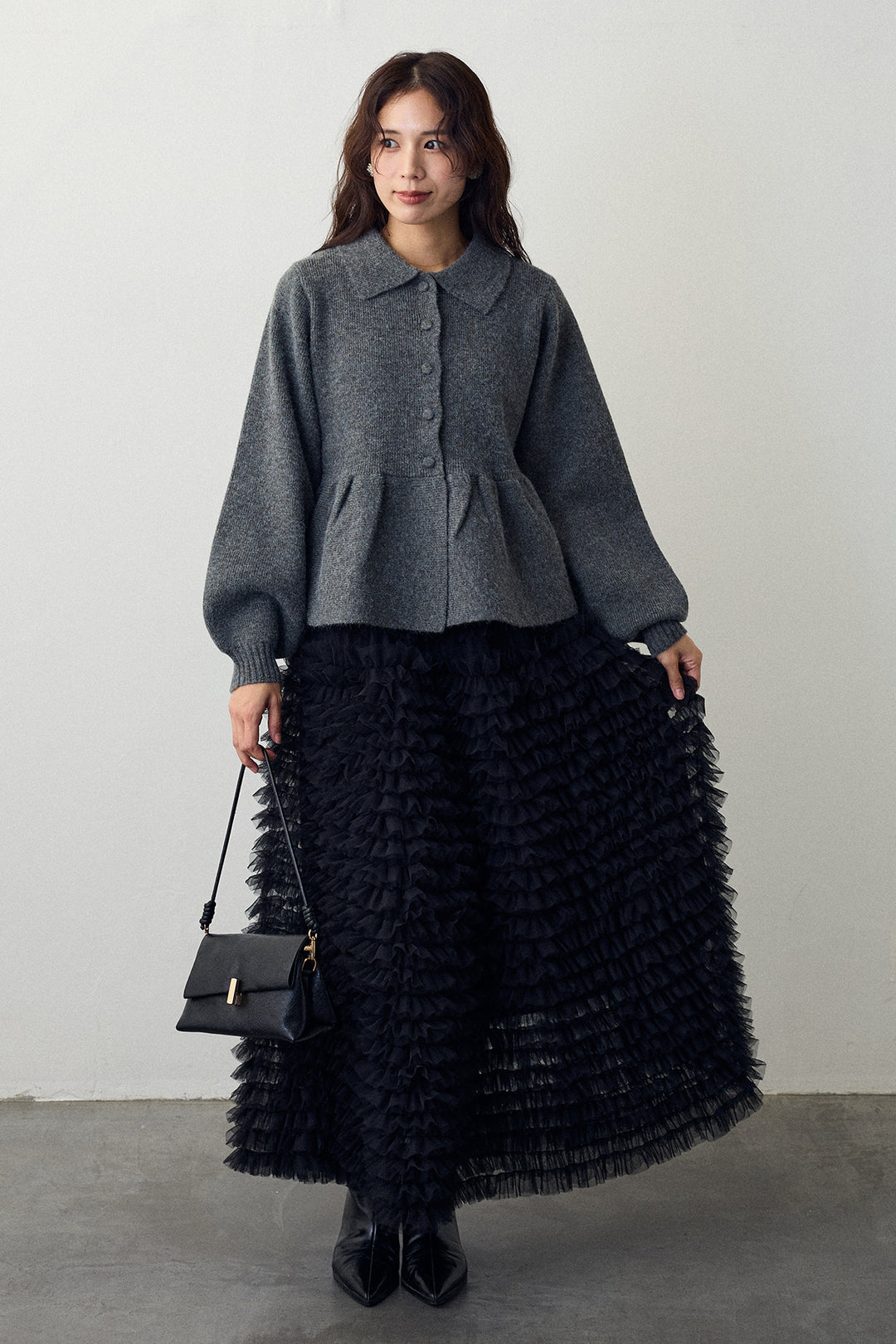 [予約/SET]ポロ襟ペプラムニットプルオーバー+ホイップチュールティアードスカート(2set)