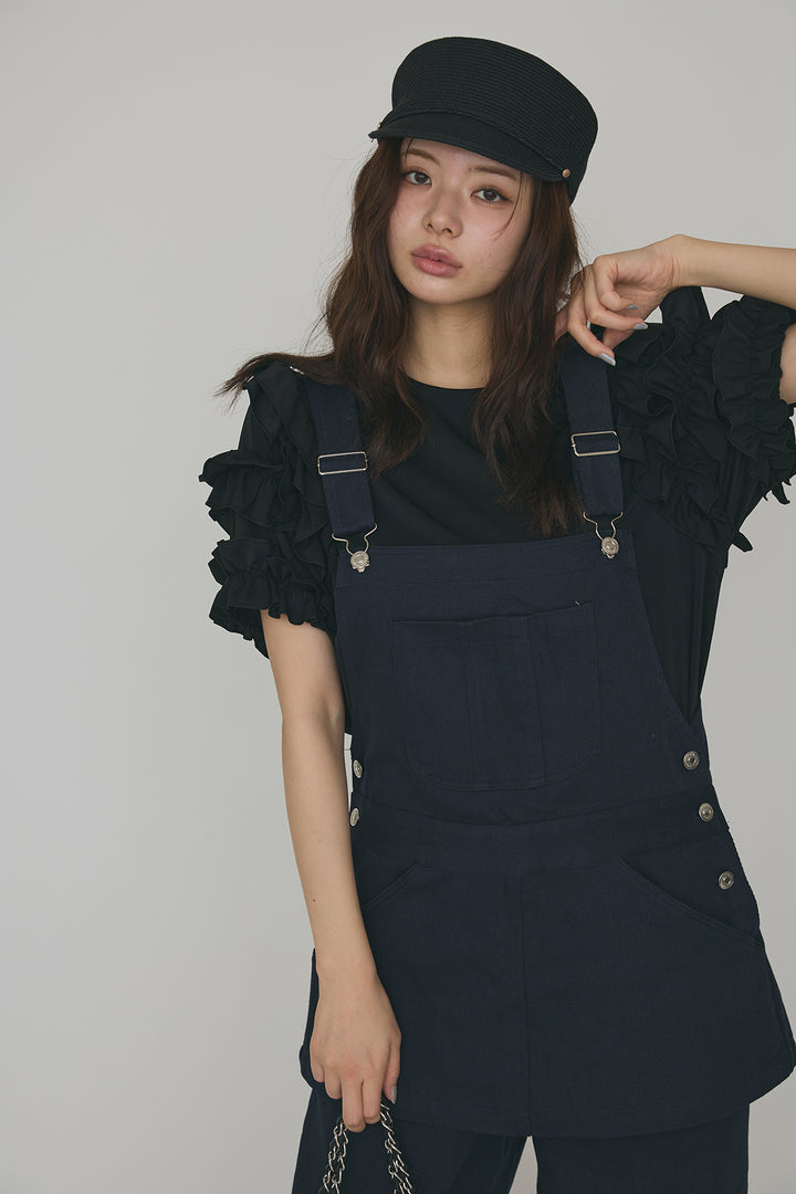 [予約/SET]フリルスリーブプルオーバーブラウス+エプロンデニムサロペ(2set)